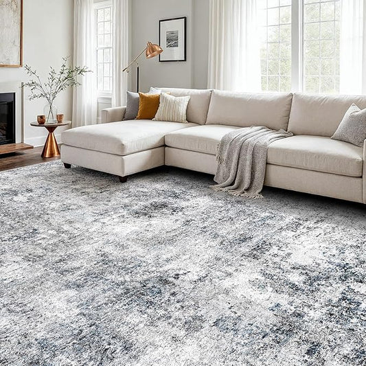 10x10 Square Living Room Area Rug - Washable Large Non-Slip Rug Modern Abstract Floor Carpet Neutral Thin Low-Pile Indoor mat for Bedroom Dining Room Playroom (Blue Gray,10x10)