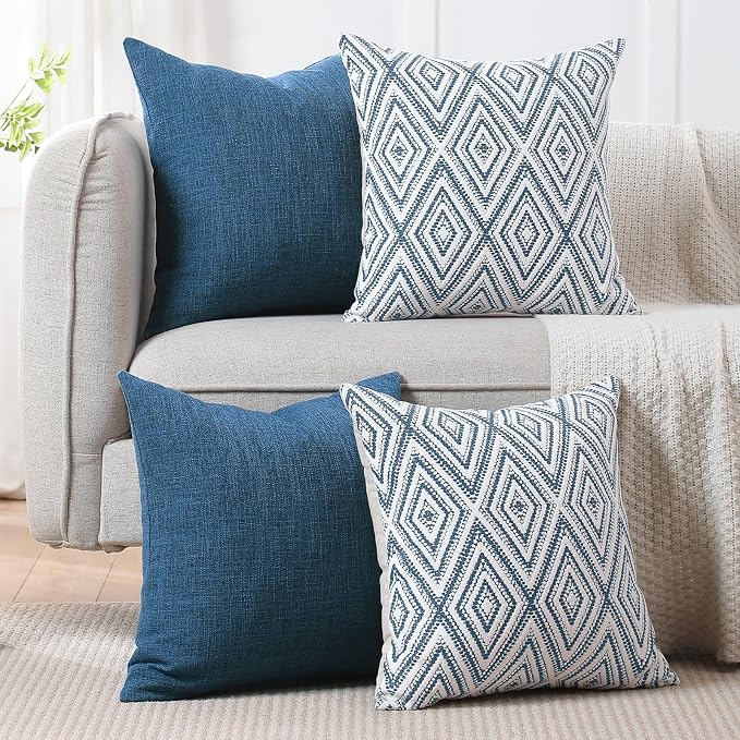 HPUK Throw Pillow Covers 20x20 Inch Set of 4, Linen Decorative Pillow Covers, Accent Cushion Covers for Couch Sofa Bed Bedroom Living Room Décor, Navy Blue