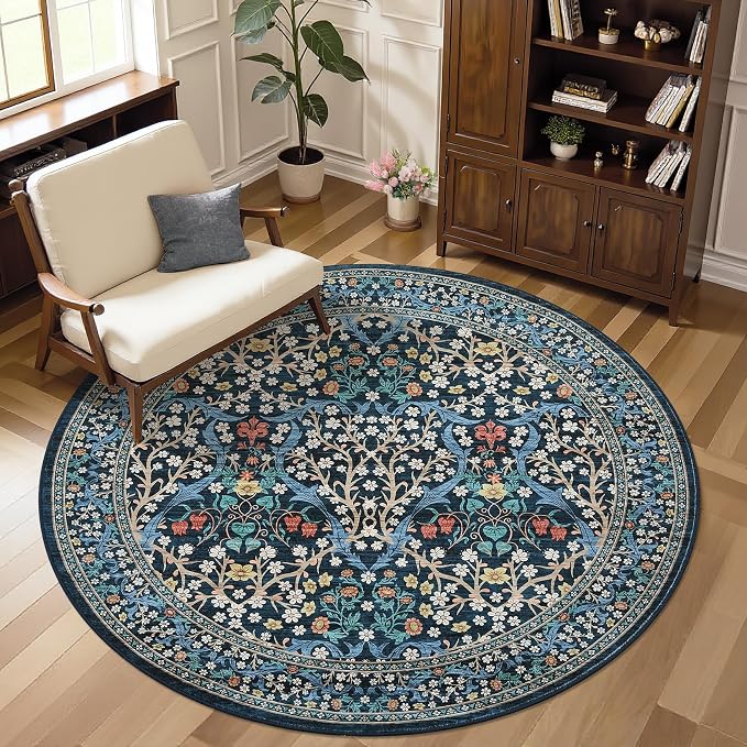 GarveeHome Dark Blue Floral 6 ft Round Rug Washable Non-Slip Soft Low Pile Small Circle Carpet Vintage Rugs for Kitchen Bedroom Nursery Dining Living Room
