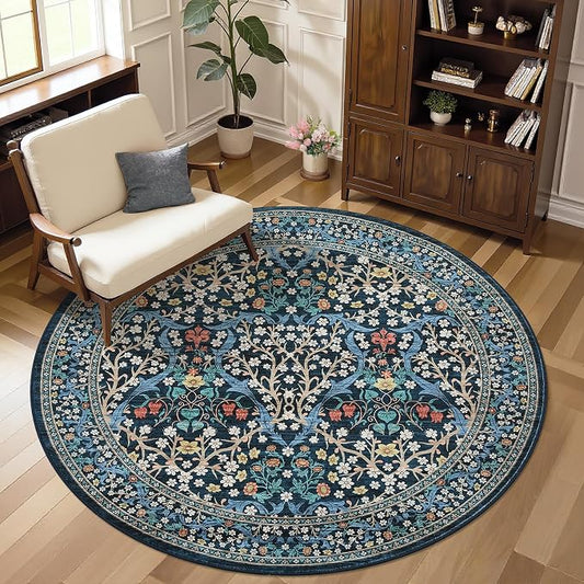 GarveeHome Dark Blue Floral 6 ft Round Rug Washable Non-Slip Soft Low Pile Small Circle Carpet Vintage Rugs for Kitchen Bedroom Nursery Dining Living Room