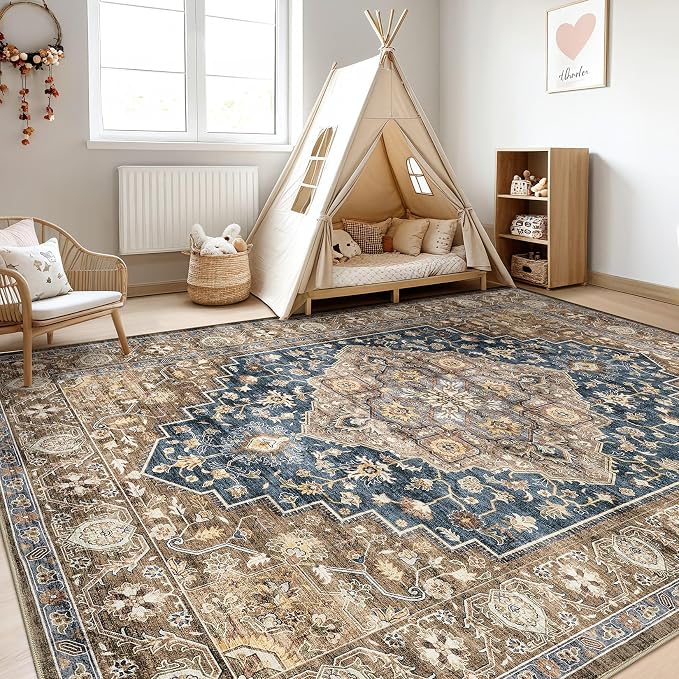 6x8 Area Rug Living Room: Washable Boho Large Neutral Vintage Soft Rugs Stain Resistant Farmhouse Non-Slip Indoor Floor Carpet for Bedroom Nursery Kids Office Dining Room Playroom- Yellow Blue