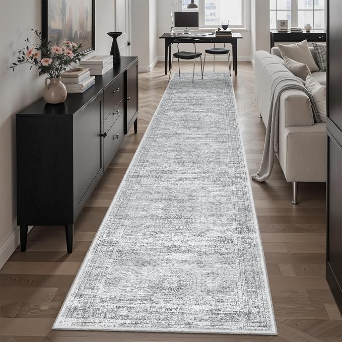Soalmost Runner Rug 2x12 Washable Non-Slip Hallway Runner Rugs for Kitchen Bathroom Laundry Room Grey Vintage Floor Carpet Runners for Hallways Entryway