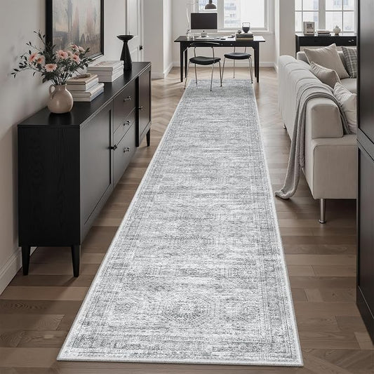 Soalmost Runner Rug 2x12 Washable Non-Slip Hallway Runner Rugs for Kitchen Bathroom Laundry Room Grey Vintage Floor Carpet Runners for Hallways Entryway