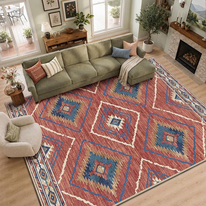 BESTSWEETIE Area Rug 9x12 Rug Machine Washable Non-Slip Low Pile Print Pattern Western Rug for Living Room Bedroom Entryway Tribal Series -Red/Orange
