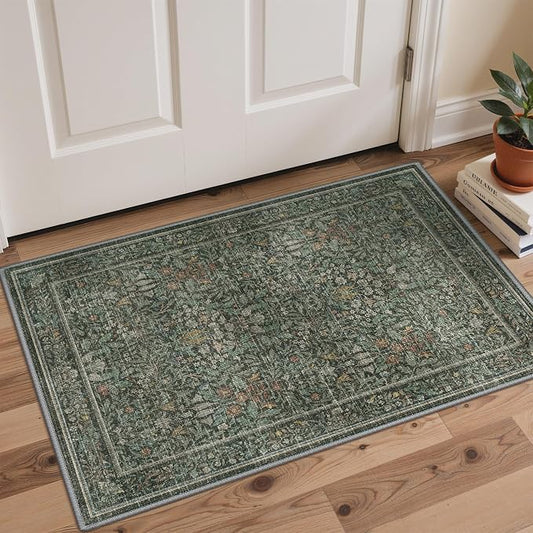 GENIMO 2x3 Washable Kitchen Rug, Non Slip Indoor Door Mat, Dusty Sage Green | Vintage Boho Floral Low Pile Entryway Mat for Bathroom, Front Door and Laundry Room