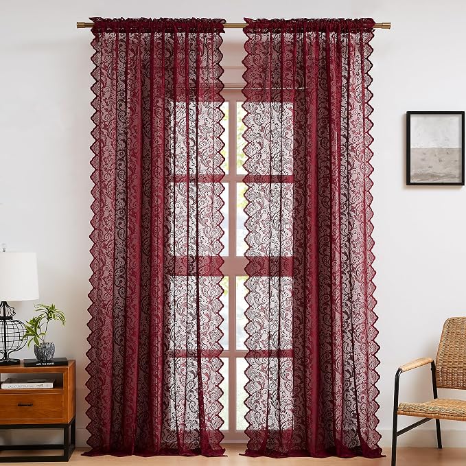 Bujasso Burgundy Red Lace Sheer Curtains for Bedroom Living Room, Victorian Floral Embroidered Wine Red Window Drapes with Scalloped Edge, Light Filtering&Privacy, Grommet Top 2 Panels 52Wx90L Inches