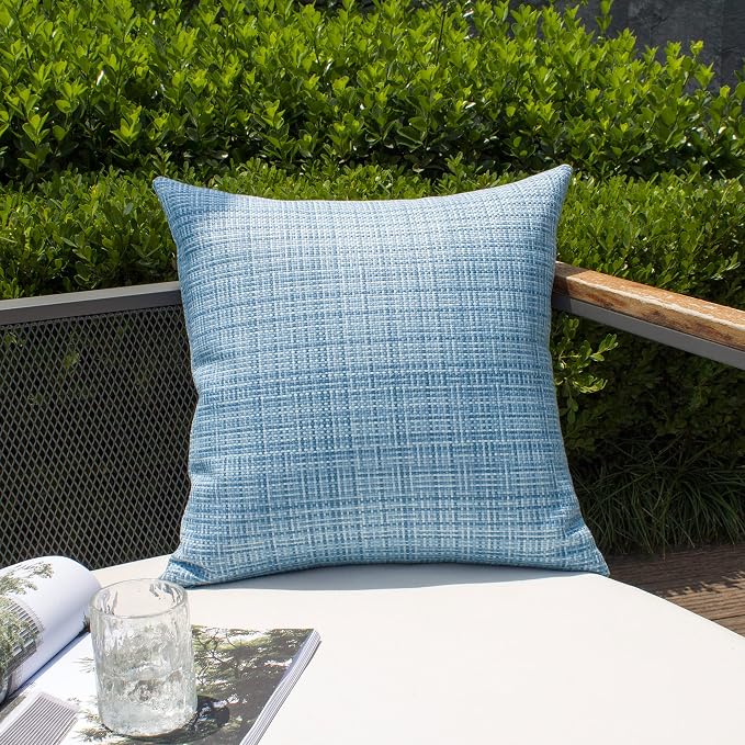 Kevin Textile Outdoor Waterproof Throw Pillow Covers 26x26 Inch Pack of 2 Woven Faux Linen Farmhouse Decorative Euro Shams Water Resistant Cushion Covers for Tent Patio Garden Couch Sofa Light Blue
