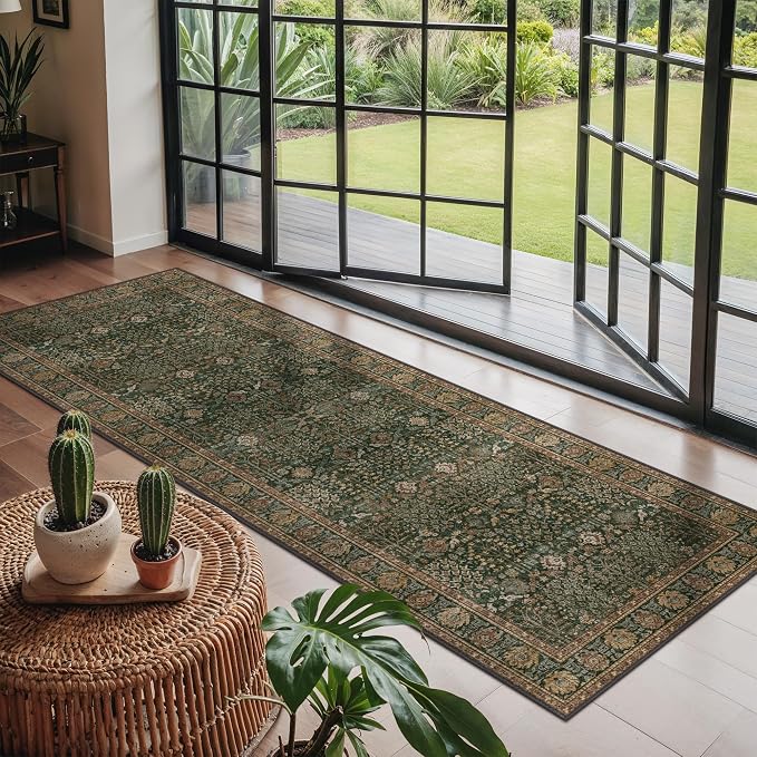 Bavni 2x6 Rug Runners for Hallways, Washable Runner Rug Non Slip, Vintage Floral Print Style Rugs for Bedroom-Lightweight Low Pile Carpet for Hallways Bathroom, Dark Green/Multi