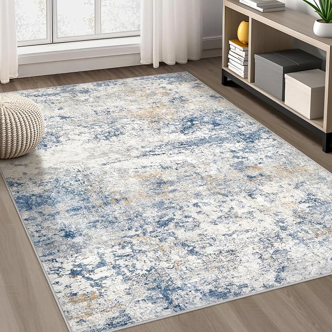 DMOYEST Area Rug Living Room Rugs - 4x6 Abstract Large Soft Indoor Washable Rug Neutral Modern Low Pile Carpet for Bedroom Dining Room Farmhouse Home Office - Blue