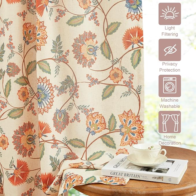 Vision Home Pinch Pleat Linen Light Filtering Curtains Panels, Vintage Botanical Floral Jacobean Print Window Drapes with Microfiber Liner & Back Tab Hooks for Living Room Bedroom, 40x95 Inch Set of 2