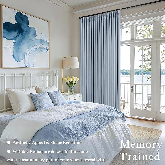 Blue Linen Blackout Pleated 86 Inch Curtains for Living Room Darkening Pinch Pleat 100% Black Out Drapes Thermal Insulated Soundproof Modern Coastal Light Dusty Blue 86 Inch Curtain for Baby Bedroom