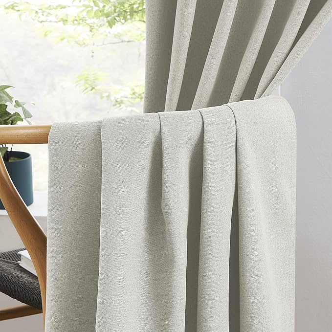 KEQIAOSUOCAI Linen Blackout Curtain Panels, Boho Country Cooling Warming Completely Blackout 72 inch Drop Thermal Insulated Draperies,Hook Belt Back Tab, 2 Panels Set, 50 by 72 Inch, Greyish Beige