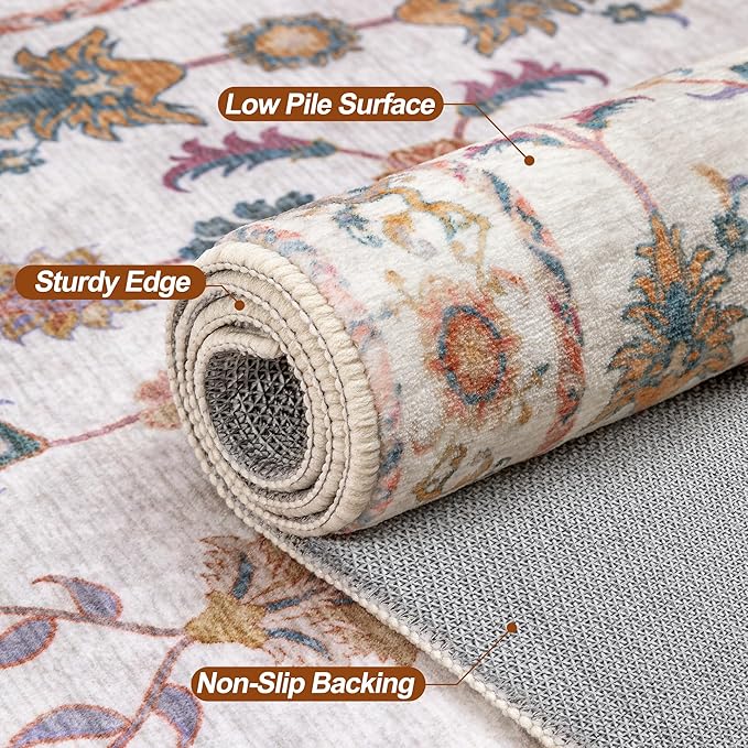 Tangsoo 2x3 Small Throw Rugs for Entryway Washable Entry Rug Non Slip, Vintage Floral Indoor Rugs Distressed White Small Carpet Soft Low Pile Boho Door Mat for Entrance Bedroom Kitchen Foyer Decor