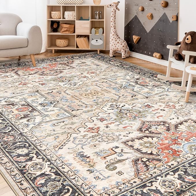 Area Rug 5x7 for Living Room - Washable Oriental Vintage Floral Distressed Large Indoor Carpets with Non Slip Back for Bedroom Dining Room Nursery Office Home Decor -Multi