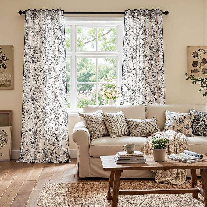 jinchan Linen Blend Floral Curtains French Country Curtain for Living Room 96 Inch Length Black Printed Curtain Rod Pocket Back Tab Farmhouse Peony Flower Patterned Drapes Window Curtains Set 2 Panels