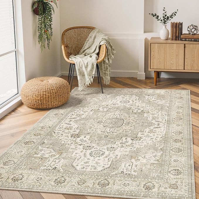Roxstand 3x5 Area Rug - Washable Kitchen Rugs Non Slip,Soft Low Pile Small Rug for Entryway, Stain Resistant Vintage Area Rugs for Home Decor(Ivory/Beige, 3'x5')