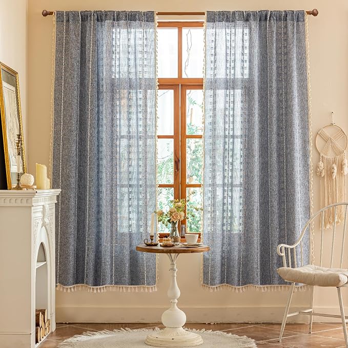 Blue Boho Sheer Curtains 72 inches Long 2 Panels for Bedroom, Light filtering Semi Sheer Bohemian French Country Privacy Tassels Vintage Chic Embroidery Stripes Window Curtains Back Tab, 50" W