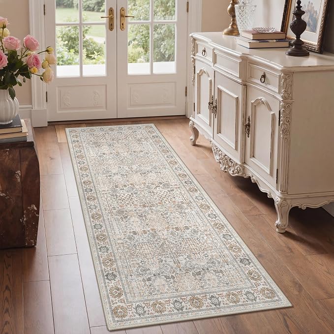Bavni 2.6x10 Rug Runners for Hallways, Washable Runner Rug Non Slip,Vintage Floral Print Style Rugs for Bedroom-Lightweight Low Pile Carpet for Hallways Bathroom, Beige Grey