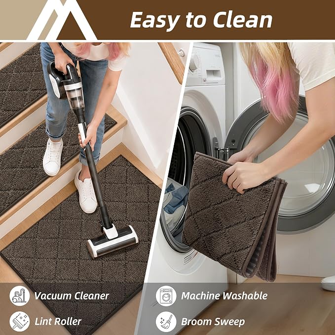 COSY HOMEER Edging Stair Treads Non-Slip Corner Indoor Stair Runners for Wooden Steps,Landing Slip Resistant Stair Rugs for Kids and Dogs, 100% Polyester TPE Backing,Brown,20"X32"