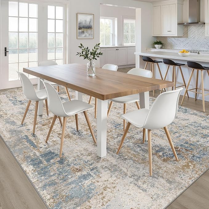 9x12 Area Rug Living Room: Washable Large Neutral Rug Abstract Soft Modern Stain Resistant Indoor Floor Non-Slip Carpet for Bedroom Nursery Kids Office Playroom Dining Room Under Table- Blue Brown