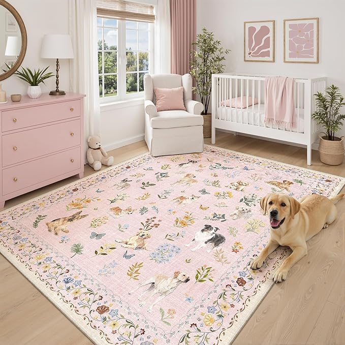 Soalmost Dog 6x9 Area Rugs for Living Room, Machine Washable Animal Floral Vintage Rug Non-Slip Low Pile Soft Throw Rugs for Bedroom Dining Room Kitchen Nursery Playroom (6 x 9,Pink)