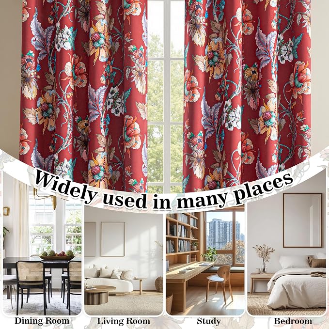 MYSKY HOME 95% Floral Blackout Curtains 95 inches Long Black Out Thermal Insulated Privacy Protect Vintage Spring Flower Print Room Darkening for Living Dining Room, 2 Panels, 52" x 95", Terracotta