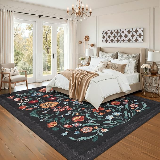 GarveeHome Washable Rug 9x12 Area Rugs for Living Room, Floral Rug for Bedroom, Soft Vintage Non Slip Throw Rugs with Rubber Back, Low Pile Stain Resistant Boho Floral Carpet for Dining Room, Black