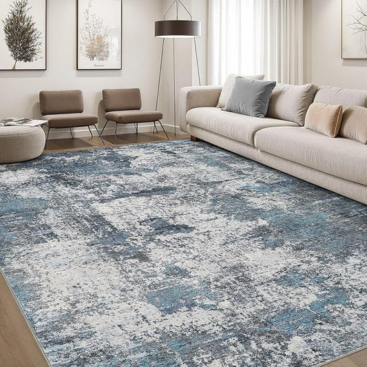 DMOYEST Area Rug Living Room Rugs - 10x14 Large Soft Indoor Neutral Modern Abstract Low Pile Washable Rug Carpet for Bedroom Dining Room Farmhouse Home Office - Grey Blue