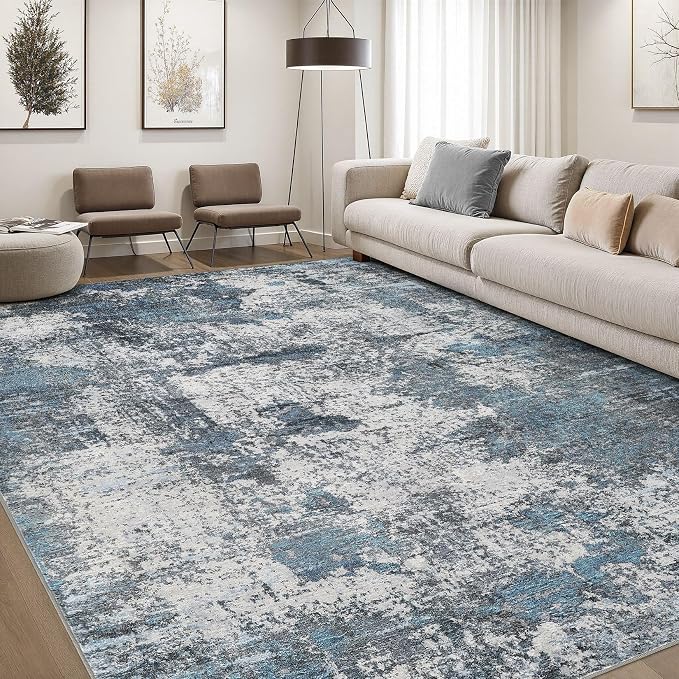 DMOYEST Area Rug Living Room Rugs - 8x10 Large Soft Indoor Neutral Modern Abstract Low Pile Washable Rug Carpet for Bedroom Dining Room Farmhouse Home Office - Grey Blue