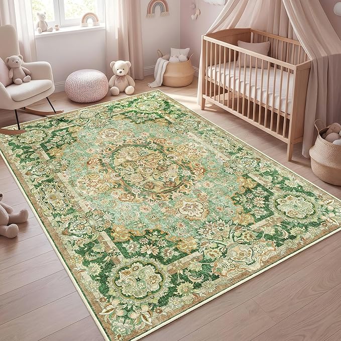 Boho Vintage Floral Area Rug 3x5, Low Pile Non Slip Washable Rug for Entryway Bedroom Living Room, Small Decorative Carpet,Sage Green