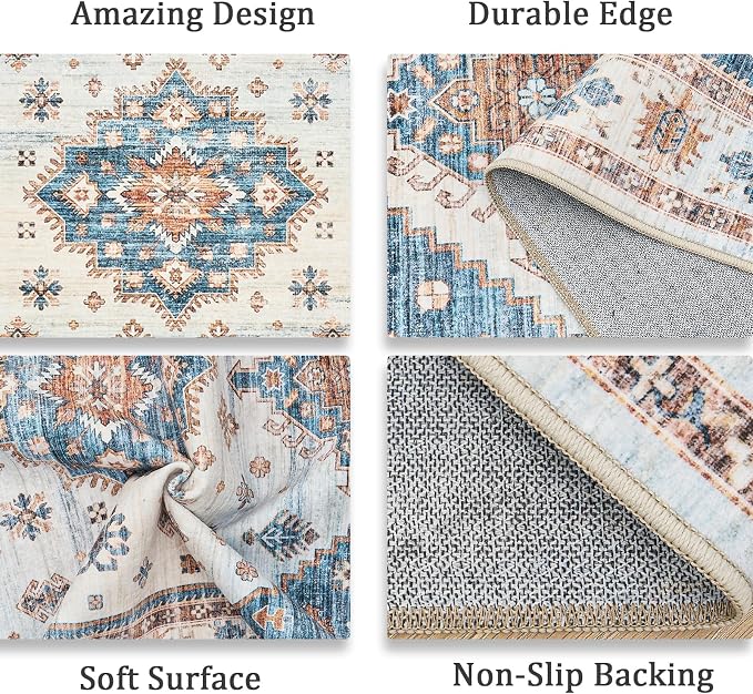 Roxstand Area Rugs 5x7, Low Pile Non-Slip Backing Rugs, Super-Soft Home Decor Washable Rugs 5x7 Under Table, Foldable Floral Vintage Area Rug for Living Room (Blue/Beige, 5'x7')