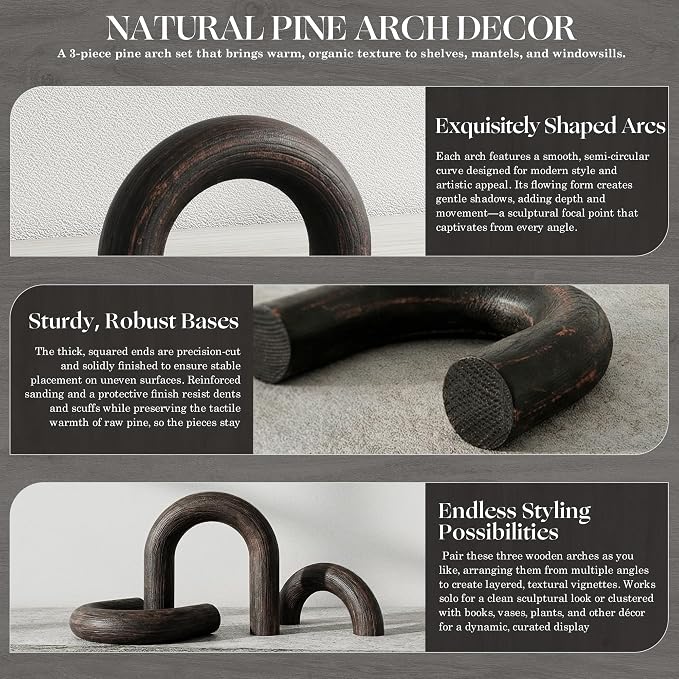EOSAHR Pine Wooden Arch Decor Set for Home Decor - Wood Sculpture for Coffee Table, Entable & Bookshelf Decor - Decorative Objects for Floating Shelf Decor Items (Distressed Black)