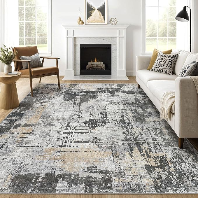 7x9 Area Rug Living Room: Washable Large Abstract Modern Soft Rug Stain Resistant Indoor Floor Non Slip Accent Carpet for Bedroom Nursery Playroom Dining Room Office Dorm Home House- Black Gold