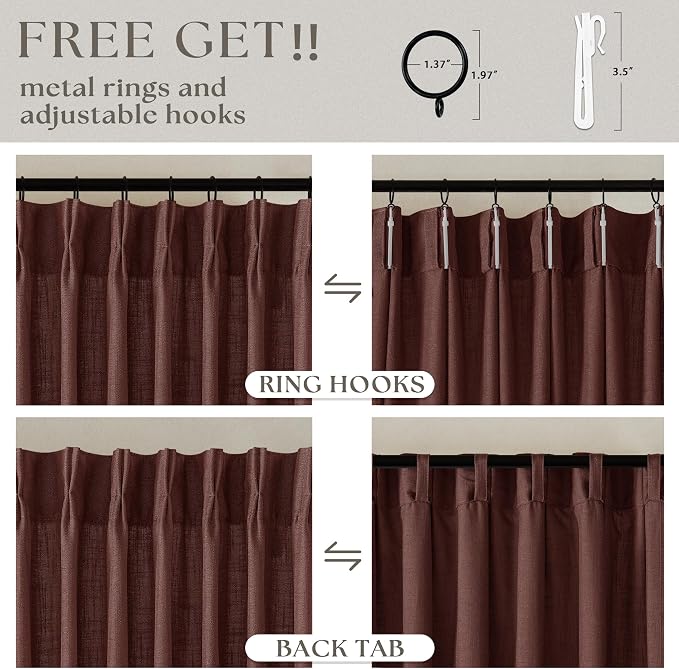 Reddish Brown Pinch Pleated Linen Cafe Curtains 45 Inch Length 2 Panels for Dining Room Kitchen Bedroom Semi Sheer Pleat Drapes with Hooks Rings Light Filtering Short Window Curtain Cabinet 40x45