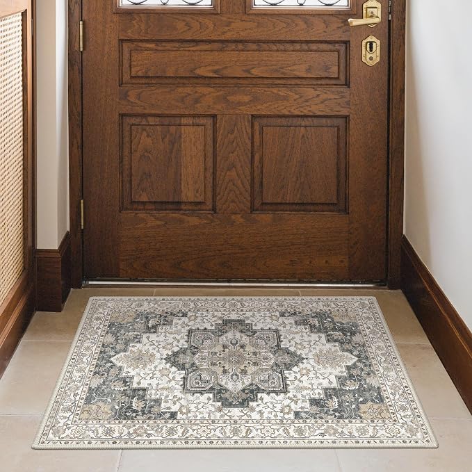 GENIMO Area Rug 2x3 Doormat, Machine Washable Low Pile Rugs, Small Retro Entryway Mat for Entrance, Hallway, Kitchen and Corridor, Heathered Grey