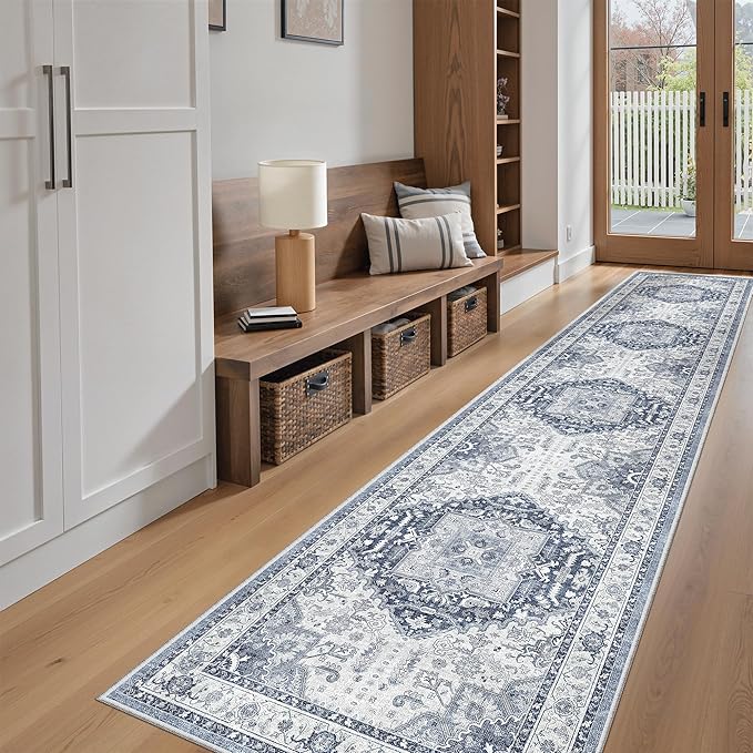 Madane Washable Runner Rugs 2x12 Long for Hallway Kitchen Soft, Navy/White | Non-Slip Vintage Printed 12ft Rug Runners with Rubber Backing, Low-Pile Floor Carpet Laundry Room Entryway, Corridor