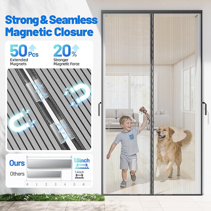 Heavy Duty Magnetic Screen Door Mesh - Auto-Sealing Hand-Free Door Net Screen with 50 Magnets, Pet & Kid Friendly, PET Fine Mesh Doors Screens Keep Bugs & Mosquitos Out Fits Front Doors Size 36” x 78”