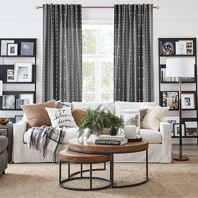 Lino Rosa Black and White Boho Floral Curtains for Bedroom Living Room,Aztec Tribal Bohemian Striped Printed Pattern Sheer Curtains 84 Inches Long 2 Panels