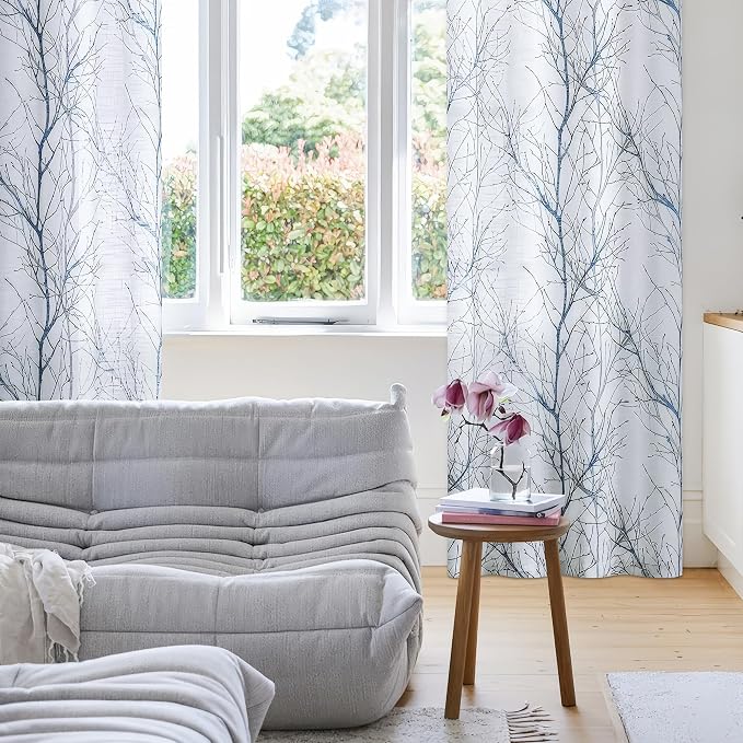 FMFUNCTEX Linen Semi Sheer Curtains for Bedroom, Blue White Curtains 96 Inches Long for Living Room, Grey Tree Branch Patterned Curtain Light Filtering Farmhouse Window Drapes, Grommet Top 2 Panels