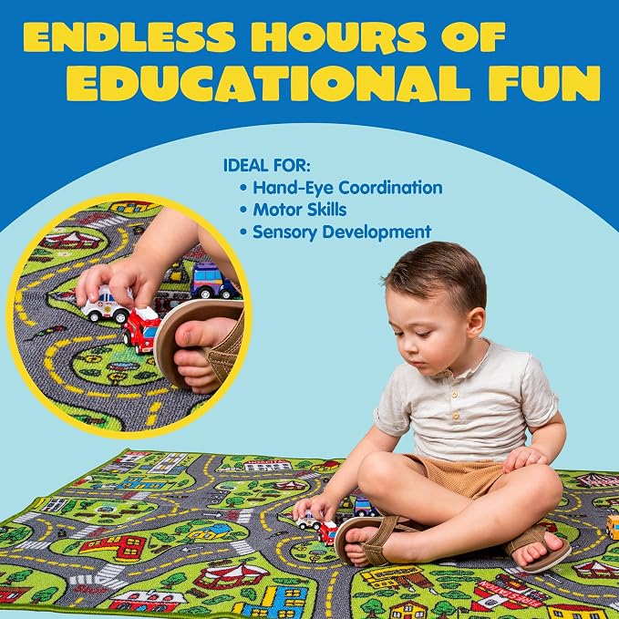 JOYIN Kids Play Rugs - 12 Pull-Back Vehicle Set - Durable Carpet Playmat Rug - City Pretending Play - Toddler Car Track Rug