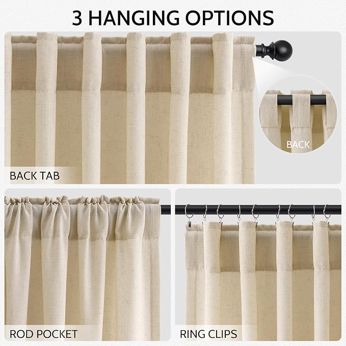 Tan Linen Curtains 90 Inch for Living Room Rod Pocket Back Tab Window Drapes Light Filtering Vintage Style Modern Farmhouse Curtain for Dining Room Bedroom 52x90,2 Panels