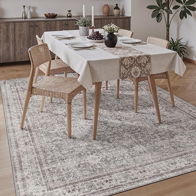 DCX Gray 5x7 Rug, Kid & Pet Friendly with Rubber Back Non Slip, Machine Washable Stain Resistant Vintage Traditional Distressed Carpet, Rug for Living Room, Bedroom, Home Decor