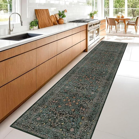 Vintage Washable 2x10 Runner Rug Non Slip for Hallway, Kitchen, Entryway, 10ft Stain Resistant Extra Long Soft Rug Runners, Dark Green Floral Unique Botanical Floor Mat