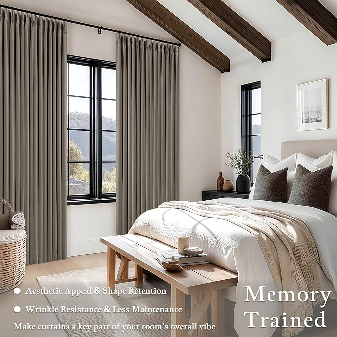 Dark Taupe 96 Inch Blackout Pinch Pleated Curtains 2 Panel Set for Living Room Darkening Thick Linen Textured 100% Black Out Drapes 96 Inches Long Pinch Pleat Light Blocking Bedroom Brownish Gray