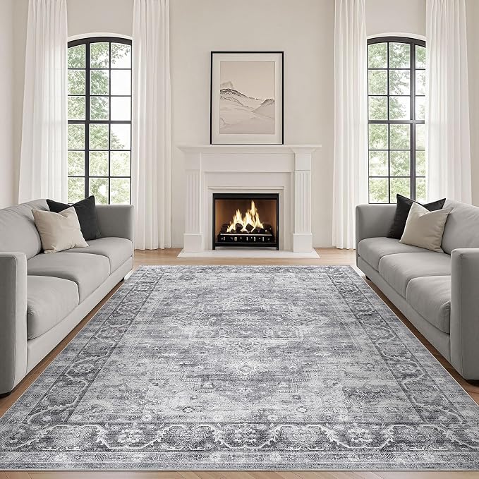 8x10 Area Rugs Living Room: Washable Boho Large Neutral Vintage Soft Rug Stain Resistant Farmhouse Non-Slip Indoor Floor Carpet for Bedroom Nursery Kids Playroom Office Dining Room- Gray