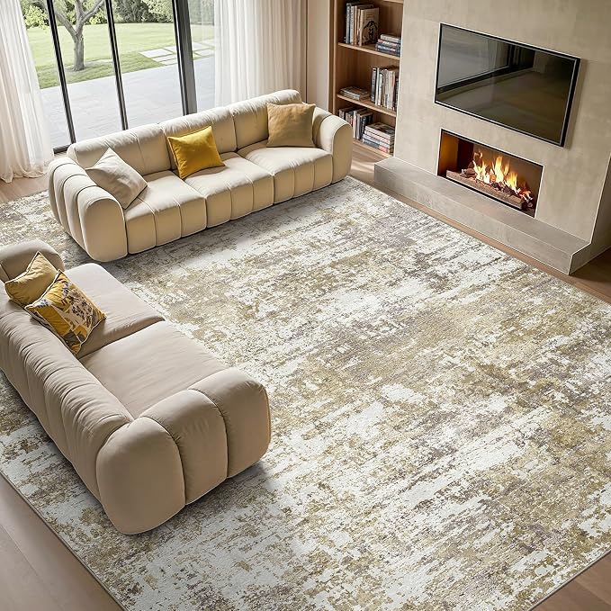 Tortania Area Rug Living Room Rugs - 7x9 Modern Abstract Neutral Large Soft Thin Rugs - Non Slip Indoor Carpet for Bedroom Dining Room Office Nursery Home Floor Decoration - Golden Brown