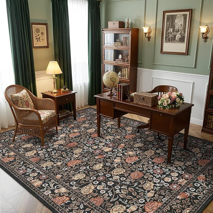 GarveeHome Brown Black Washable 8x10 Area Rugs for Living Room Vintage Floral Boho Botanical Retro Rug Low Pile Stain Resistance Non Slip Carpet for Bedroom Nursery Dining Room