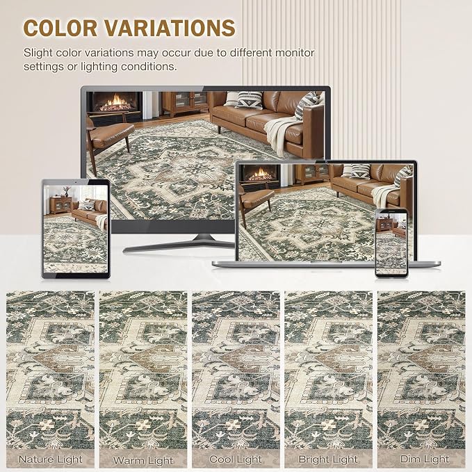Area Rug for Living Room - 6x9 Washable Oriental Vintage Floral Large Soft Carpet - Fade Stain Resistant Non Slip Rugs for Bedroom Dining Room Nursery Dorm Office Home Decor - Vintage Green