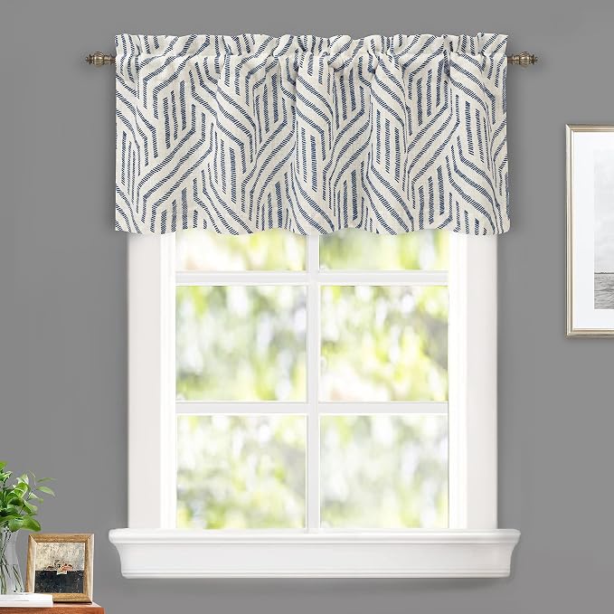 DriftAway Farmhouse Linen Lined Valance Double Layer Thermal Insulated Room Darkening Blackout Window Valances 3 Inch Rod Pocket Striped Kitchen Valance Single 52 Inch by 18 Inch Briony Navy