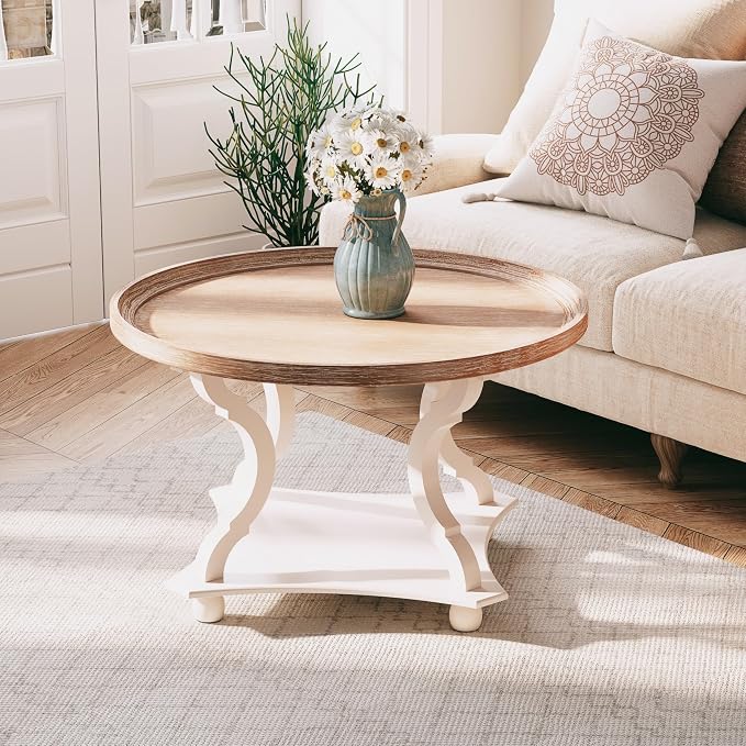 COZAYH Round Farmhouse Coffee Table, Wood Tray Top, White, Circle | Coffee Table with Storage, Rustic Coffee Table, Small Round End Table, Round Wood Accent Table